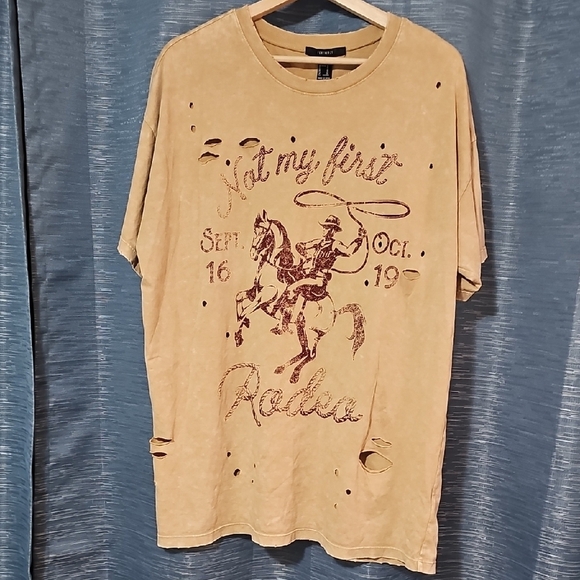 Forever 21 Tan Short Sleeve Tee with Distressed Graphic - Picture 1 of 3